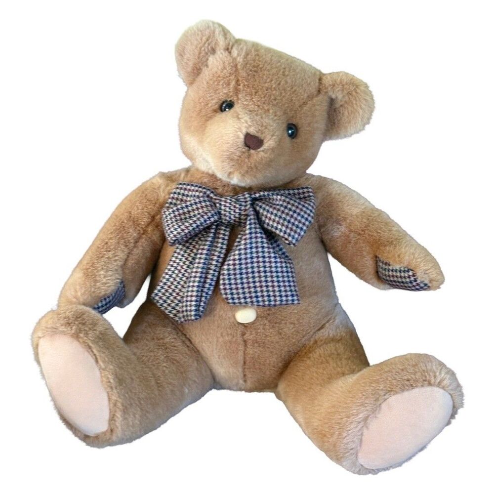 Caltoy Teddy Bear Plush 22" Button Houndstooth Bow Tie Vintage Stuffed Animal